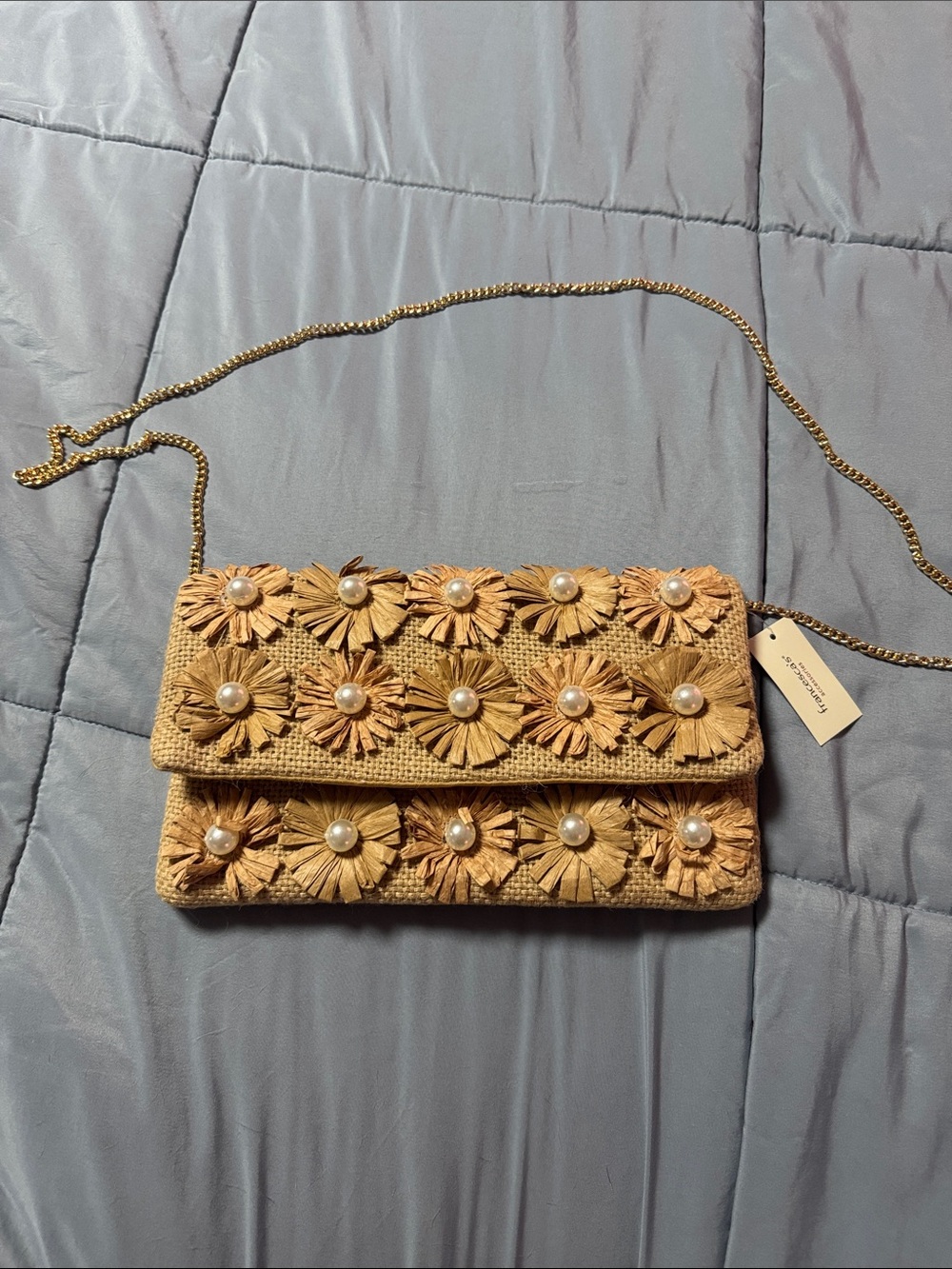 Francesca's Collections Straw Floral Pearl Crossbody - Natural Tan